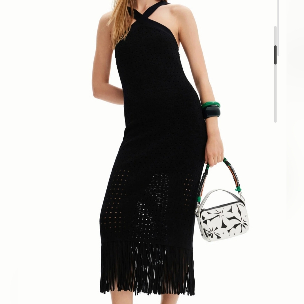 Desigual Black Midi Dress with Fringe